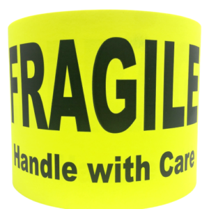 Yellow Fragile Handle with Care Stickers<br> 4 inch x 6 inch<br> 250 Labels Per Roll
