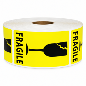 Yellow Broken Glass Fragile Stickers<br> 2 inch x 3 inch<br> 500 Labels Per Roll