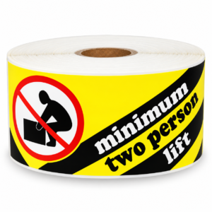 Yellow Minimum Two Person Lift Stickers<br> 2.5 inch x 8.125 inch<br> 250 Labels Per Roll