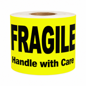 Yellow Fragile Handle with Care Stickers<br> 4 inch x 6 inch<br> 250 Labels Per Roll
