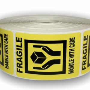 Yellow Fragile Hands Holding the Box Stickers<br> 2 inch x 3 inch<br> 500 Labels Per Roll