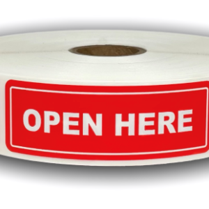 Open Here Labels<br> 1 inch x 3 inch<br> 500 Labels Per Roll