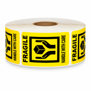 Yellow Fragile Hands Holding the Box Stickers<br> 2 inch x 3 inch<br> 500 Labels Per Roll