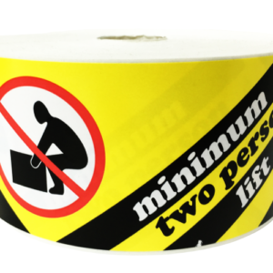 Yellow Minimum Two Person Lift Stickers<br> 2.5 inch x 8.125 inch<br> 250 Labels Per Roll